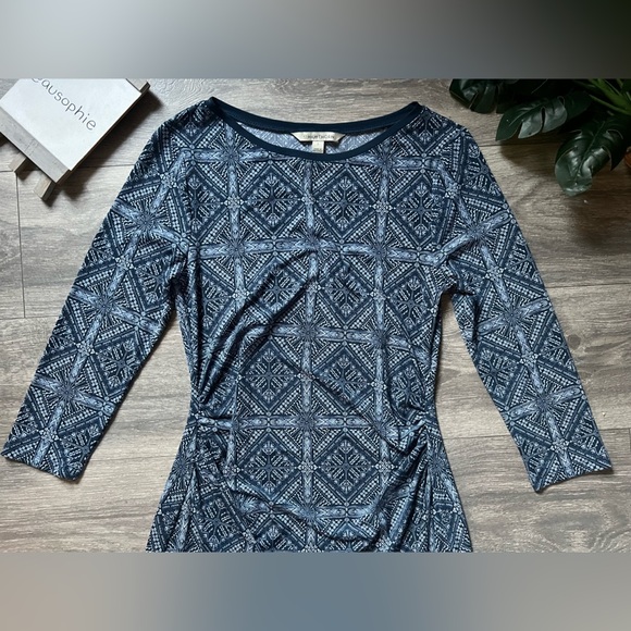41 hawthorn 3/4 sleeve geometric ruched dress w/ Surplice hemline in blue Size S - Picture 2 of 8